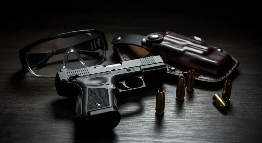 A modern 9mm semi-automatic pistol next to a concealed carry holster