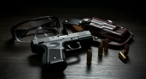 A modern 9mm semi-automatic pistol next to a concealed carry holster