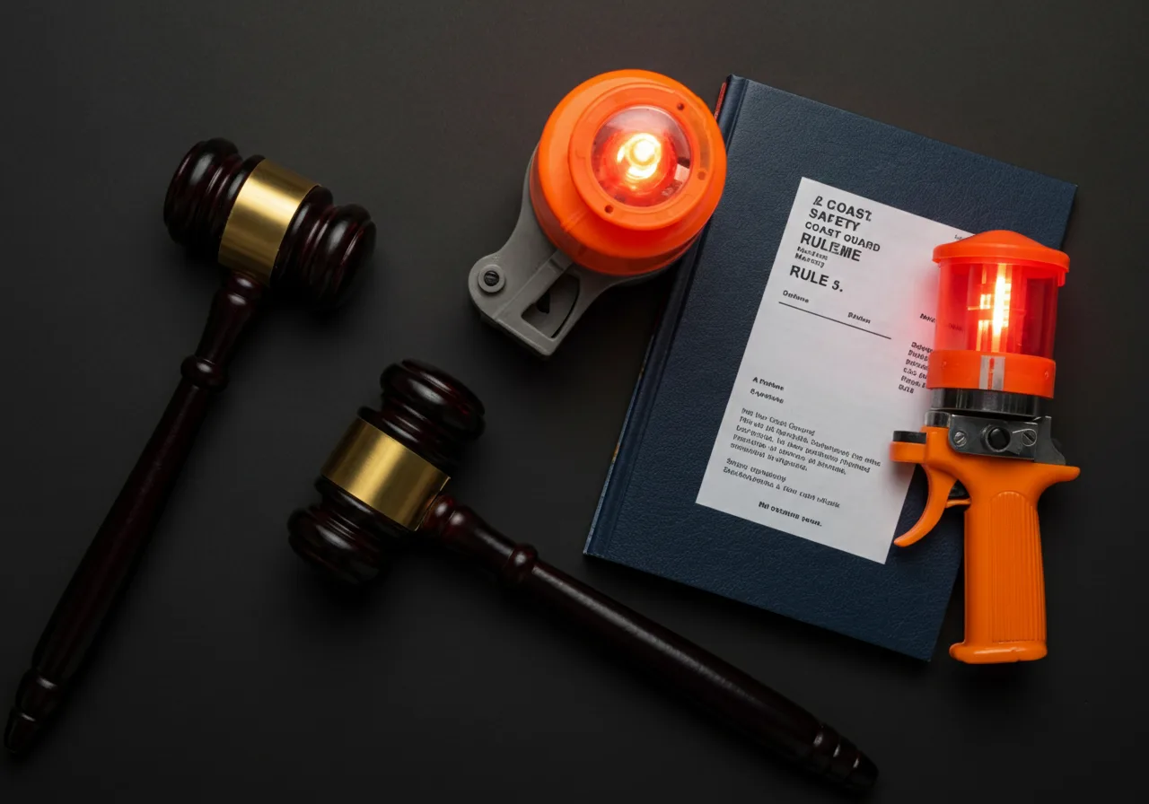 An orange marine flare gun next to a legal gavel representing flare gun laws and regulations.