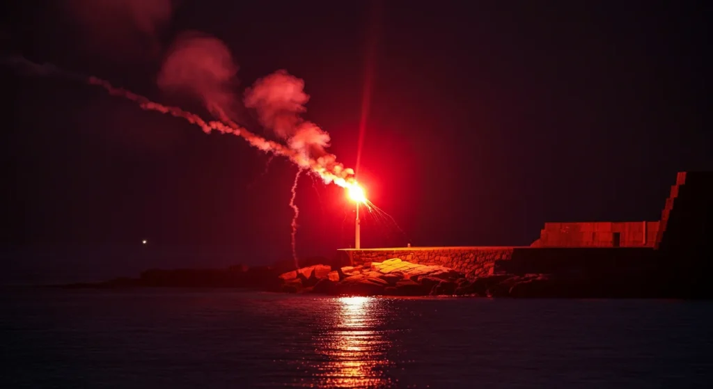 A person holding a flare gun on a boat during an emergency
