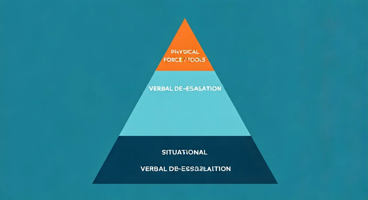 Pyramid diagram showing situational awareness as the foundation of self defense, followed by de-escalation and physical force.