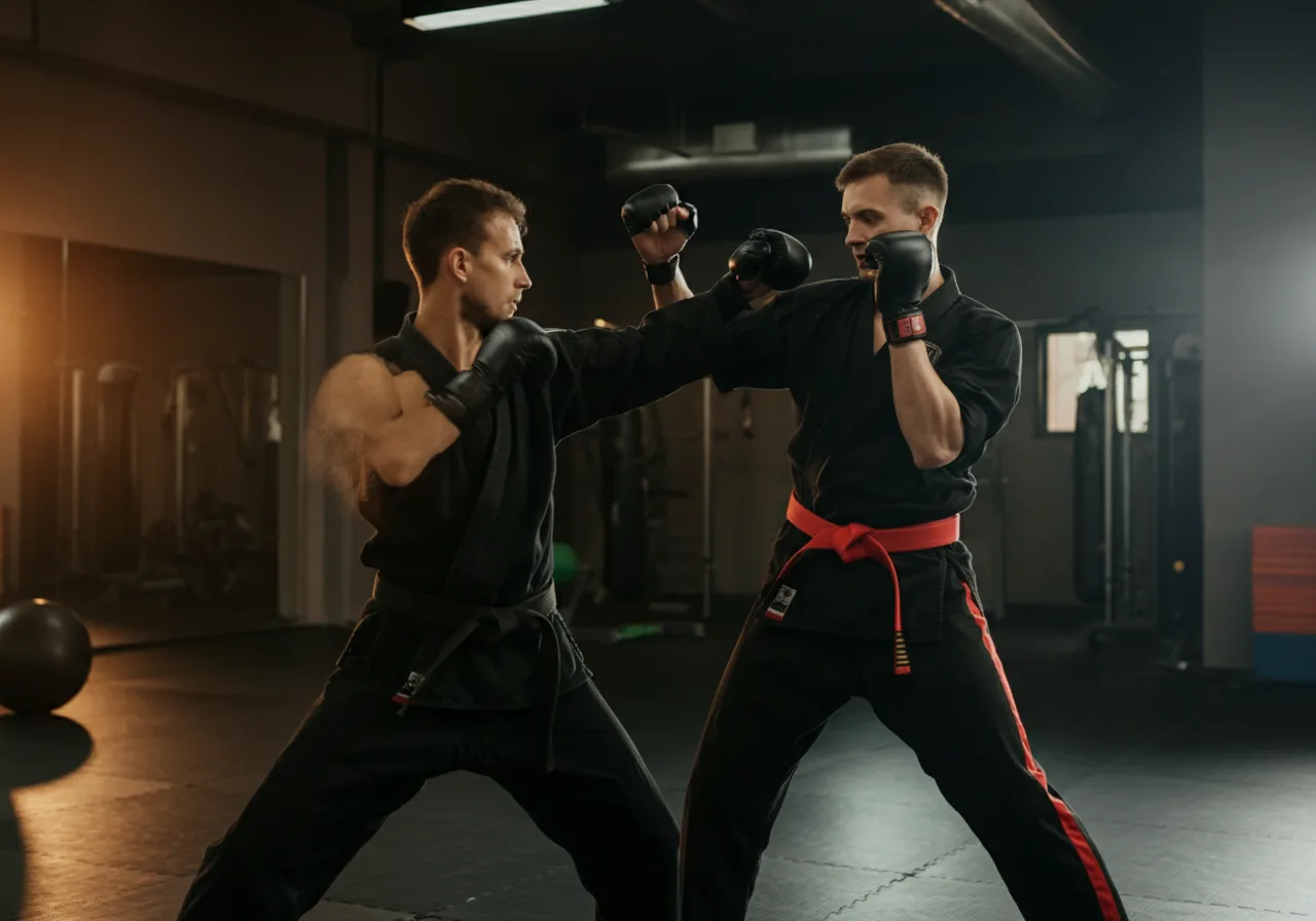 Martial artists practicing self defense techniques in a gym